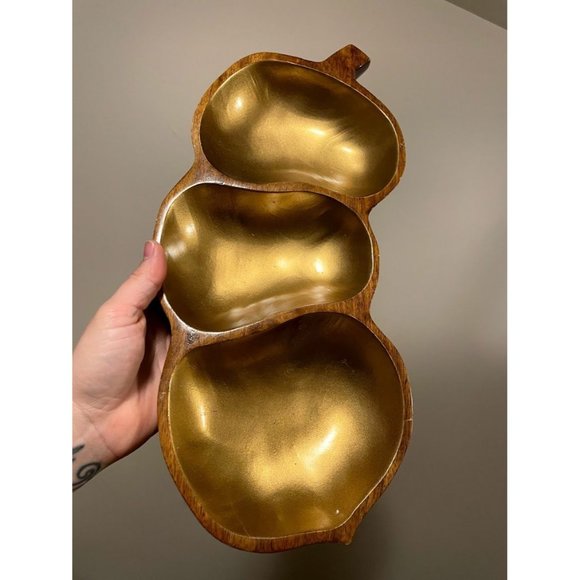 Pumpkin Serving Bowl Halloween and Fall Kitchen Decor Wood and Gold - Picture 3 of 9